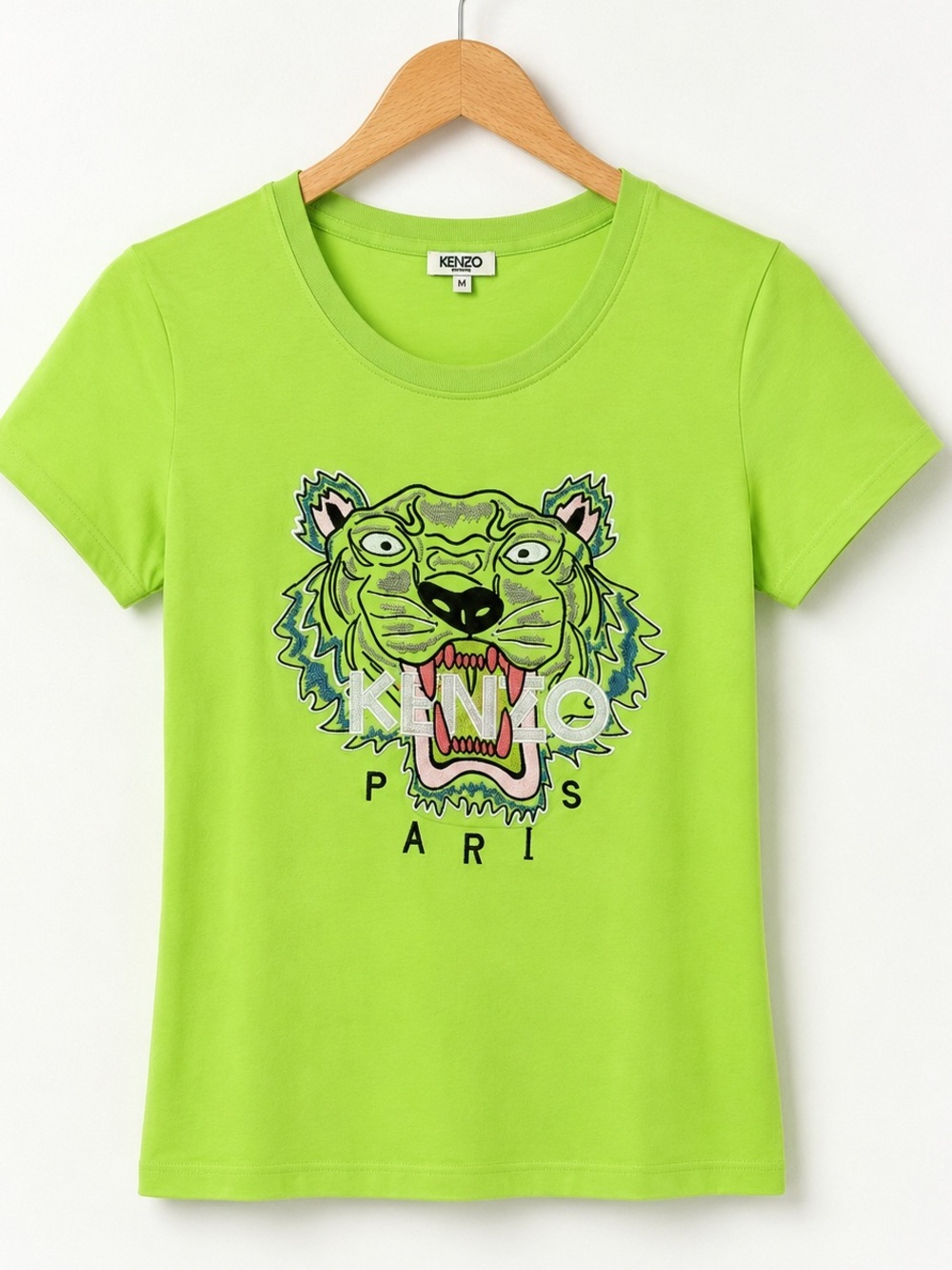 KENZO Paris Neon Green Tiger Logo Graphic Tee T-Shirt Cotton Size M fit XS/S